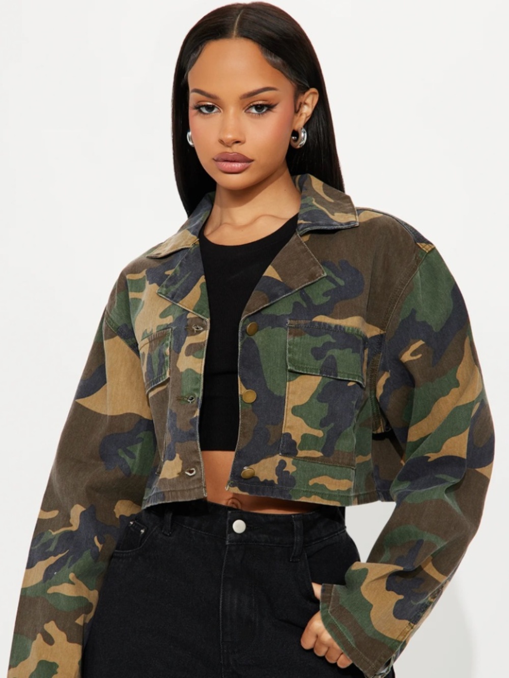 Abercrombie & Fitch Cropped Camo Utility Jacket - Green, Brown, Black